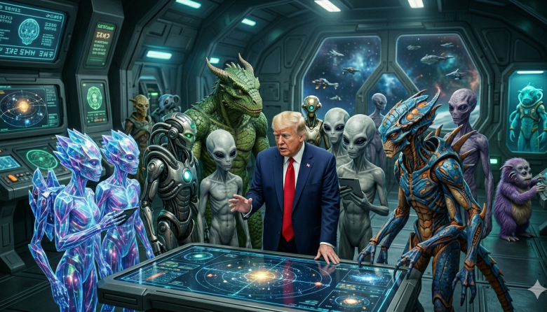 “Trump y el Extraterrestre: El Presidente Comparte Fotos con un Alienígena y Desata Especulaciones”