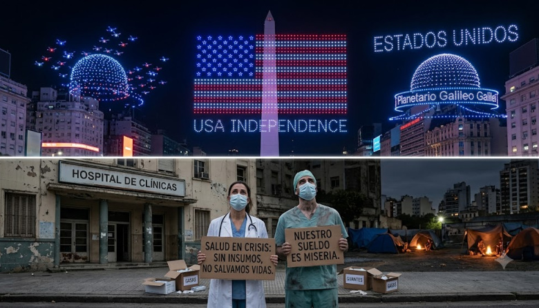 El obsceno show de drones en una Buenos Aires sin insumos médicos