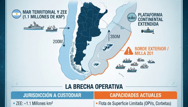¿Cuántos kilómetros de mar debe controlar Argentina con sus actuales capacidades?